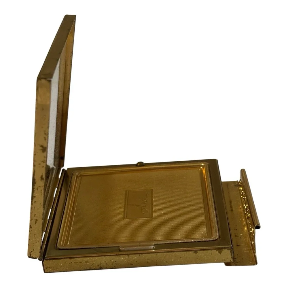 Vintage Avon Gold Tone Powder Compact Mirror w Puff Art Deco Style Vanity